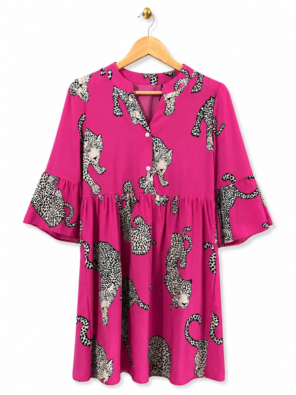Boutique Pink Leopard Print Tiered Dress Size Medium Bell Sleeve